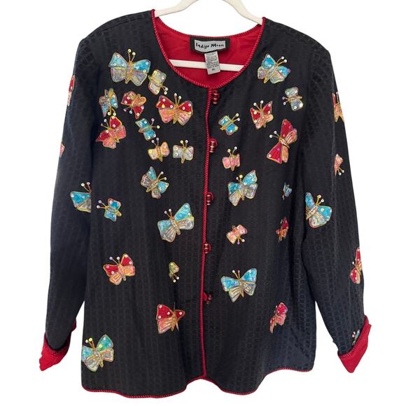 Vintage Indigo Moon Artsy Embroidered Blazer Jacket Large Butterfly Sequins - Picture 1 of 10